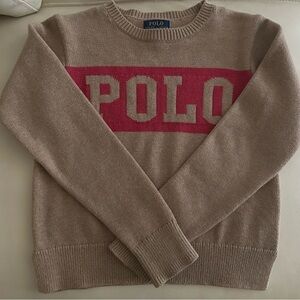 Polo RALPH LAUREN Cable Knit Tan/Pink Crewneck Sweater - Girls Size M(8-10)